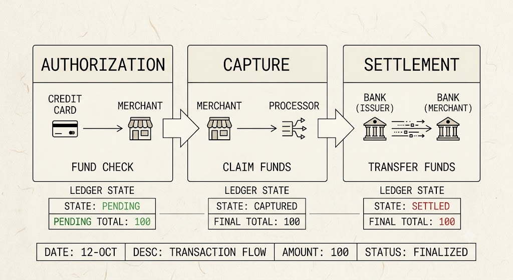 Payment state machine: pending, captured, settled