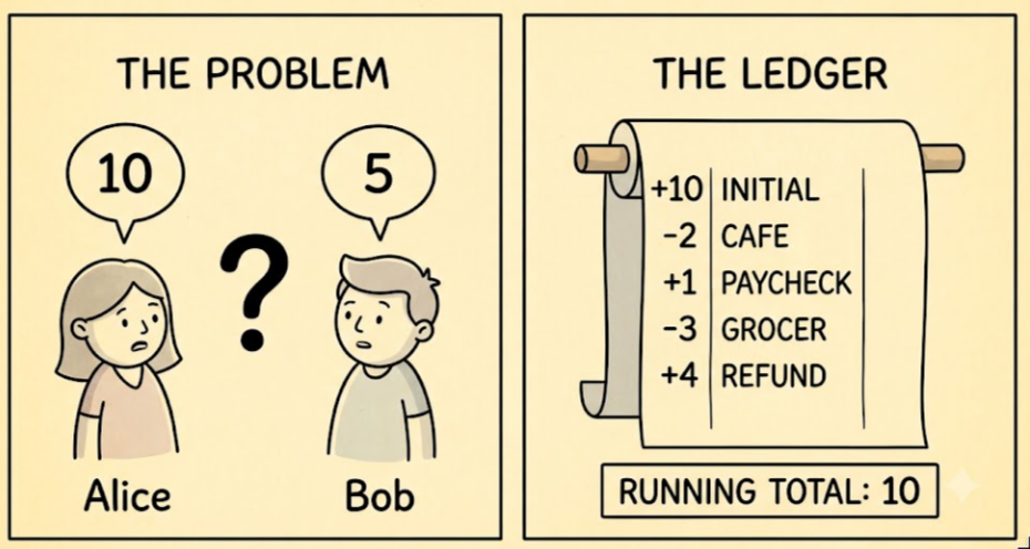 A ledger is a timeline of entries you can sum at any point in time